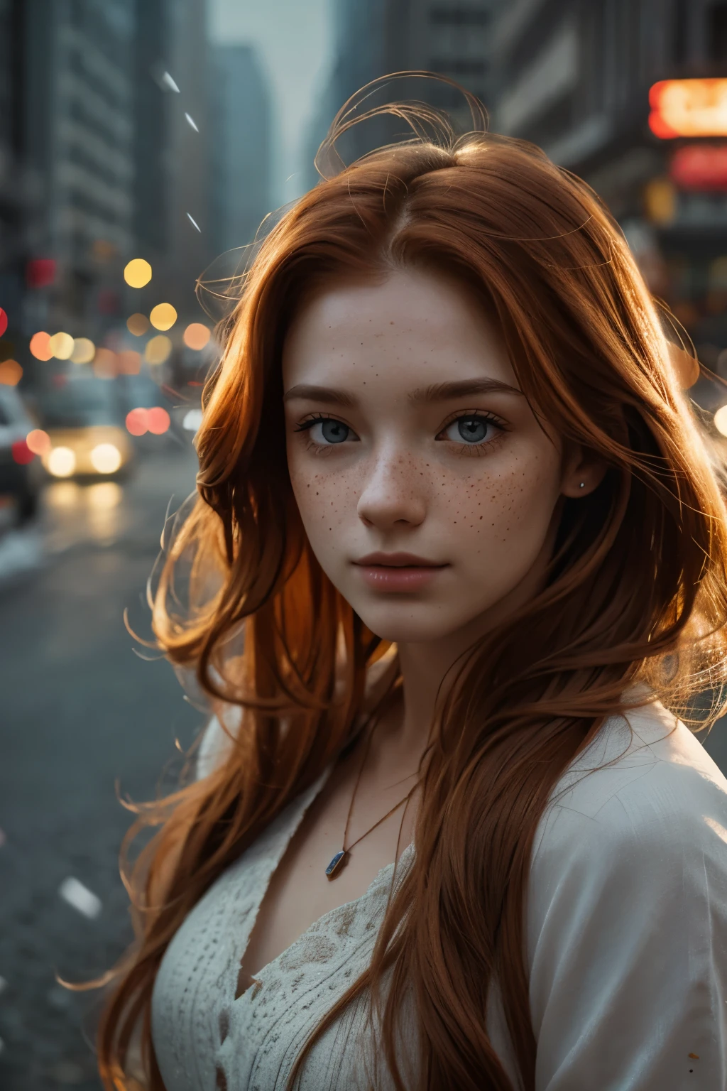 Realistic photography, closeup of beautiful woman with freckles and , head shot , 25yo, focus on eyes, 50 mm f1.4, ginger hair in wind, hdr masterpiece,dramatic lighting, epic, cyber dress, flower in hair, light snowing, post apocalyptic city, epic necklace