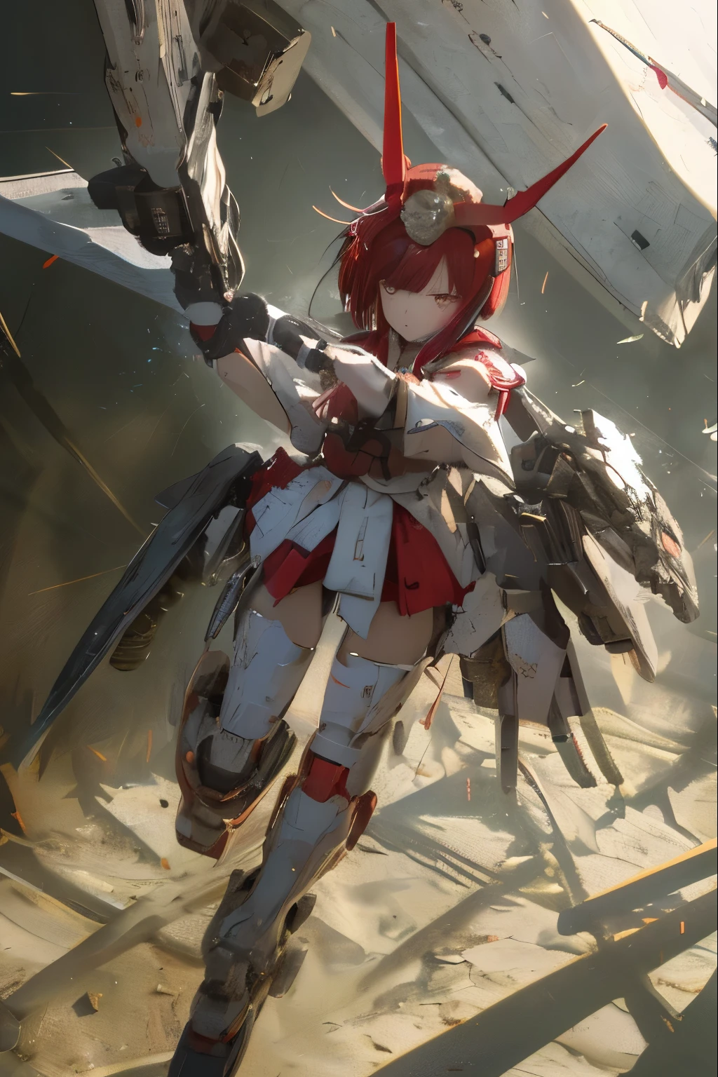 (highest quality)), ((masterpiece)), (very detailed: 1.3), 3D, {(japanese young girl)}, white theme, japanese girl wear shrine maiden anime costume, wears a futuristic Gundam mecha,(Gundam), with headgear, with v-fin , armored shoulders,armored under arms, armored under legs, (ware a scarlet hakama:1.2), multilayer textureperfect proportions, octane rendering, duotone lighting, Low ISO, wide aperture, White balance, Rule of thirds, ultra HD16k, HDR (High Dynamic Range), Ray Tracing, NVIDIA RTX, Super Resolution, Subsurface Scattering, PBR Texturing, Post Processing, Anisotropic Filtering, Depth of Field, Maximum Clarity and Clarity, High efficiency subpixel, subpixel convolution, particles of light, light scattered, Tyndall effect, full body:1.5, battle pose, cute, (cute:1.2), (bob cut:1.3),三つ編み, 黒髪, 太い眉毛, 薄い色の虹彩, 大きくて輝いている黒い瞳, 長いまつげ, 小さく薄い色の自然な唇, (Average face of Japanese idols), (日本人特有の童顔:1.3), (baby face), 広いおでこ:1.2, ふっくらした頬, 小さな顎, visible side boob, (holding a shining Japanese sword:1.5), broken streets, Broken City, looking at viewer,Focus on the eyes