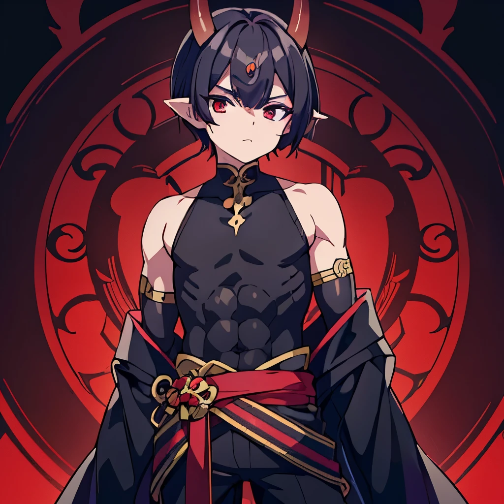 1boy((best quality)), ((masterpiece)), (detailed), perfect face1 boy;((best quality)), ((masterpiece)), (detailed), perfect face;shuten doji style; pretty face ; pretty boy, demon horns protruding out of forehead; black hair; lean physique; wearing tight sleevles shirt e; standing in front of viewer ; black medium hair,male ; make him a male with a male chest, full body shot, wearing pants, wearing tight sleevless tank top ,sfw, small lean body, small body, petit body, tight fitting clothe, black and red color scheme, medium black hair, small body, pointy ears