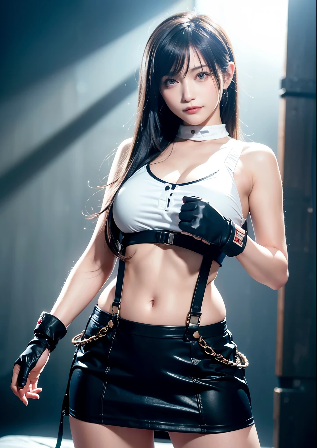 (Photorealistic: 1.4), top quality, very delicate and beautiful, high resolution, 1girl, tifa_lockhart, smile, cowboy shot, suspenders, low rise, mini skirt, tank top, tense shirt, black hair, long hair, elbow gloves, beautiful detailed red eyes, face light, movie lighting, navel, high exposure, abdomen exposure, ribs, abs, ( gigantic breasts: 1.2), dynamic poses, dynamic angles,