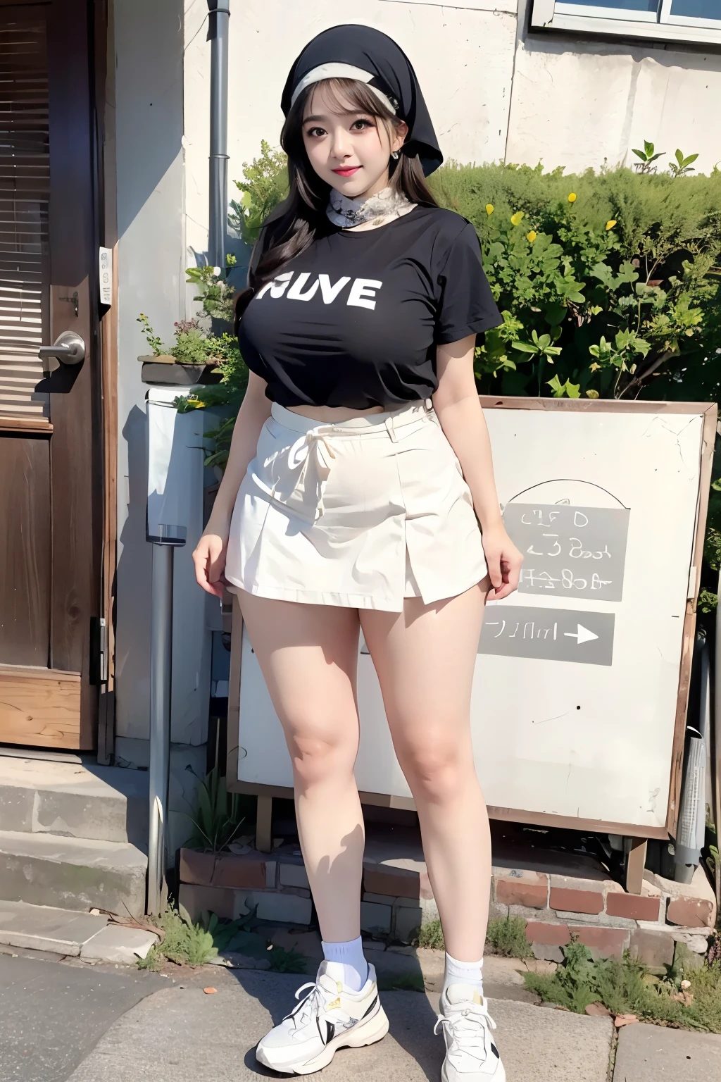 ((best quality)), ((masterpiece)), (detailed), perfect face, wanita dewasa, memakai sebuah hijab dan green sneakers, chubby, full body shoot, huge breasts, large breast , wearing a t-shirt and mini skirt, big thighs, milky white skin, asian girl, thicc, MILF, bbc, perfect belly, cute cheeks, detail body chubby, hijab