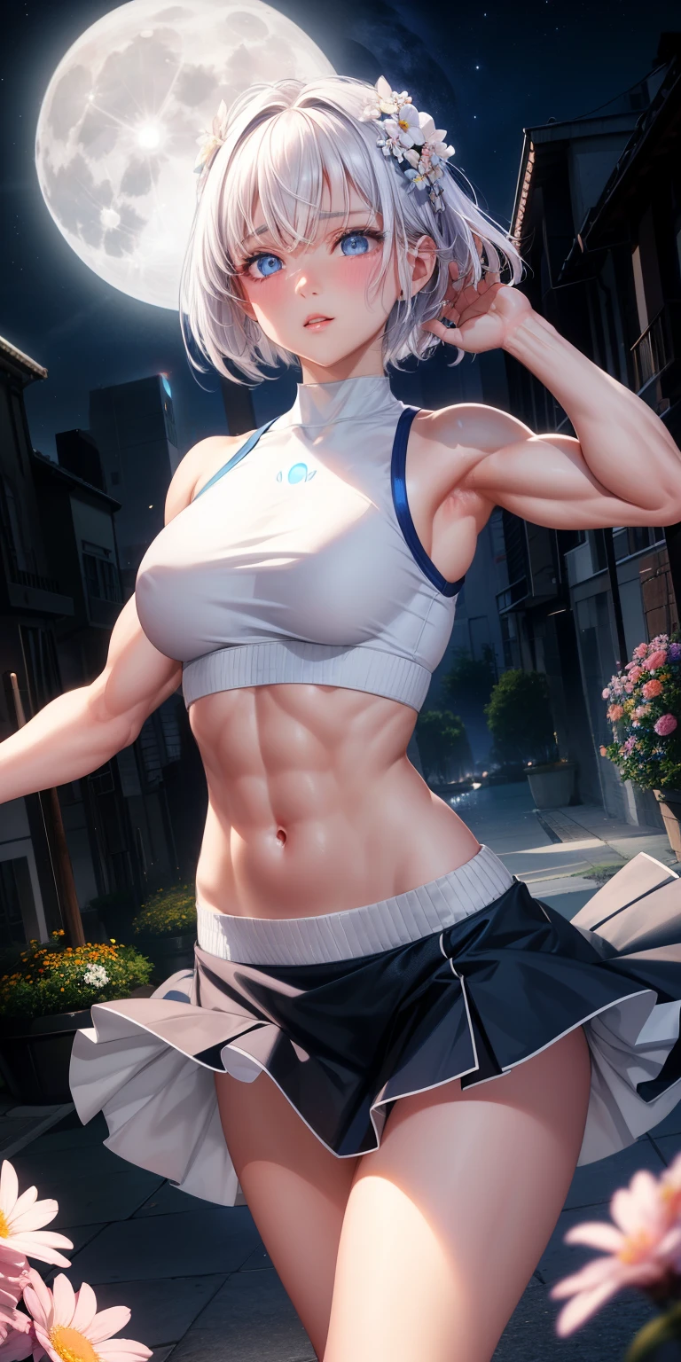 actual, 1 girl, white hair, blue eyes, glowing eyes, crop top, skirt, open lips, blush, Gym, flowers, night, moonlight, abdominal muscles, muscle , biceps