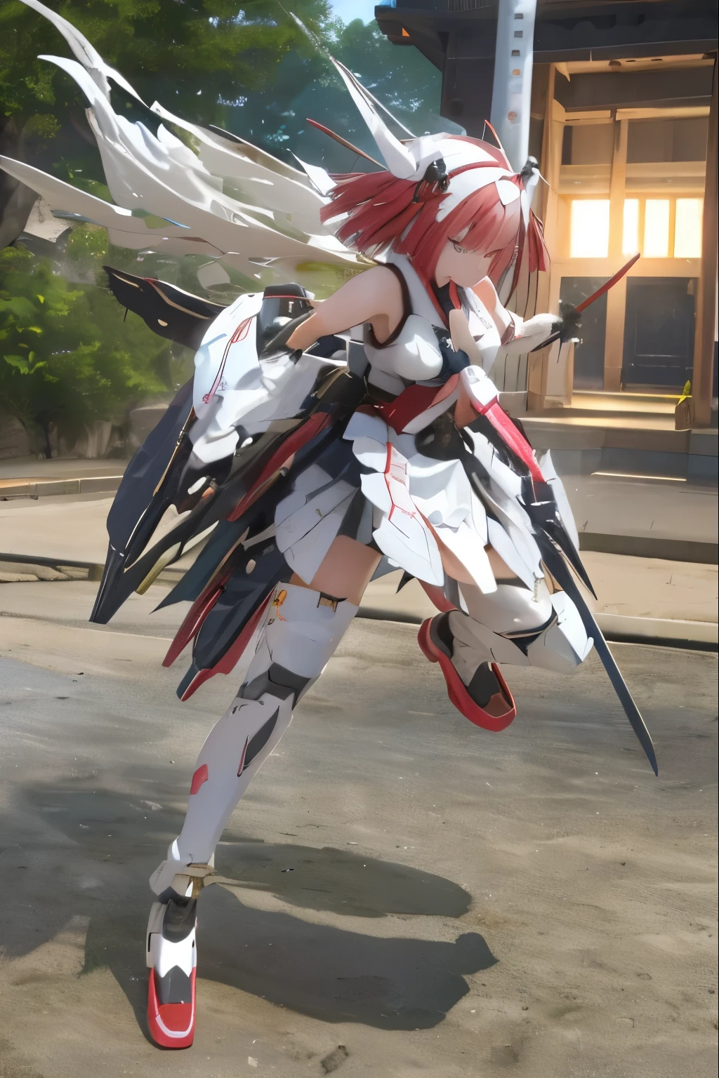 (highest quality)), ((masterpiece)), (very detailed: 1.3), 3D, {(japanese young girl)}, white theme, japanese girl wear shrine maiden anime costume, wears a futuristic Gundam mecha,(Gundam), with headgear, with v-fin , armored shoulders,armored under arms, armored under legs, (ware a scarlet hakama:1.2), multilayer textureperfect proportions, octane rendering, duotone lighting, Low ISO, wide aperture, White balance, Rule of thirds, ultra HD16k, HDR (High Dynamic Range), Ray Tracing, NVIDIA RTX, Super Resolution, Subsurface Scattering, PBR Texturing, Post Processing, Anisotropic Filtering, Depth of Field, Maximum Clarity and Clarity, High efficiency subpixel, subpixel convolution, particles of light, light scattered, Tyndall effect, full body:1.5, battle pose, cute, (cute:1.2), (bob cut:1.3),三つ編み, 黒髪, 太い眉毛, 薄い色の虹彩, 大きくて輝いている黒い瞳, 長いまつげ, 小さく薄い色の自然な唇, (Average face of Japanese idols), (日本人特有の童顔:1.3), (), 広いおでこ:1.2, ふっくらした頬, 小さな顎, visible side boob, (holding a shining Japanese sword:1.5), broken streets, Broken City, looking at viewer,Focus on the eyes