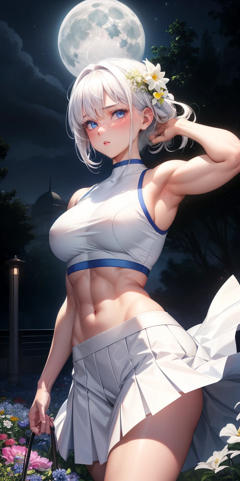 actual, 1 girl, white hair, blue eyes, glowing eyes, crop top, skirt, open lips, blush, Gym, flowers, night, moonlight, abdominal muscles, muscle , biceps