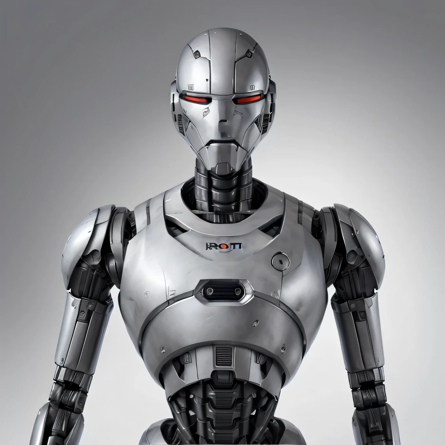 Portrait front view of Robot droid with oval shaped head a little bit human looking head and black body and smooth white silver chest look up, looking into front camera