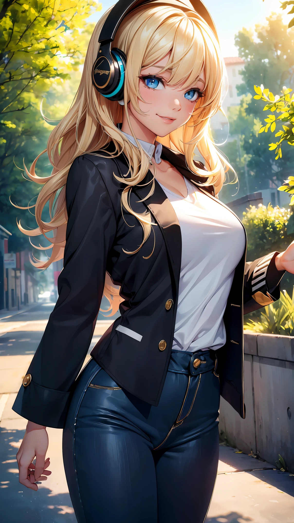(8K, RAW photo, 最high quality, masterpiece: 1.2), High-definition RAW color photo, Professional photo shoot, cinematic light, alone, (((young woman, gal))), (Sharp features), (small face), (high detail skin: 1.2), clavicle, cute face, beautiful appearance,long eyelashes, (rainbow hair, blue eyes), (beautiful breasts:1.5), (camel toe details), spread your legs, I lean back with pleasure, pussyが気持ち良い, ((very detailed女性器, pussy)), (thin:1.4), very detailed顔と肌の質感, detailed eyes, double eyelids, look sideways, Place your hands behind your body, camel toe, ((blonde, long bangs on one side, asymmetrical bangs, One eye hides, wavy hair)), thinボディ, ((open your mouth and smile:1.2)), big breasts, normal hip joint, blue eyes, cowboy shot, (((headphones, black long coat:1.5, Shirt with flashy print, Black pants style, White platform boots))), I enjoy dating, beautiful sunny day, greenery surrounding them, Leaves rustling in the wind, breeze, wood々The sparkling sunlight shines through, Freedom and adventure on the open road, Bright colors, blissful companionship, Unforgettable memories, A dynamic feeling that expresses fun, Composition that emphasizes the beauty of the girl, staring eyes, beautiful skin, shiny skin, perfect fingers, five fingers, anatomically correct, background bokeh, high quality, surreal, bright colors, ((very detailed, photo shoot)),