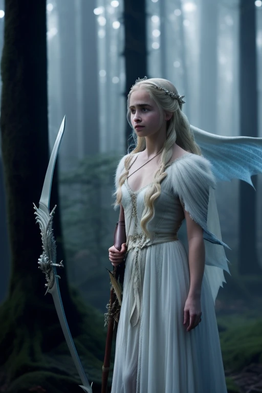 Blonde girl in white dress holds bow and arrow in dark forest, Movie goddess shooting, Emilia Clarke plays the fairy goddess Savannah, Emma Watson plays blonde Aphrodite, Full body photo of the goddess, daenerys, still from a fantasy, Emma Watson plays the Snow Queen, also known as artemis selene, Kristen Bell as Greek goddess, daenerys targaryen，
