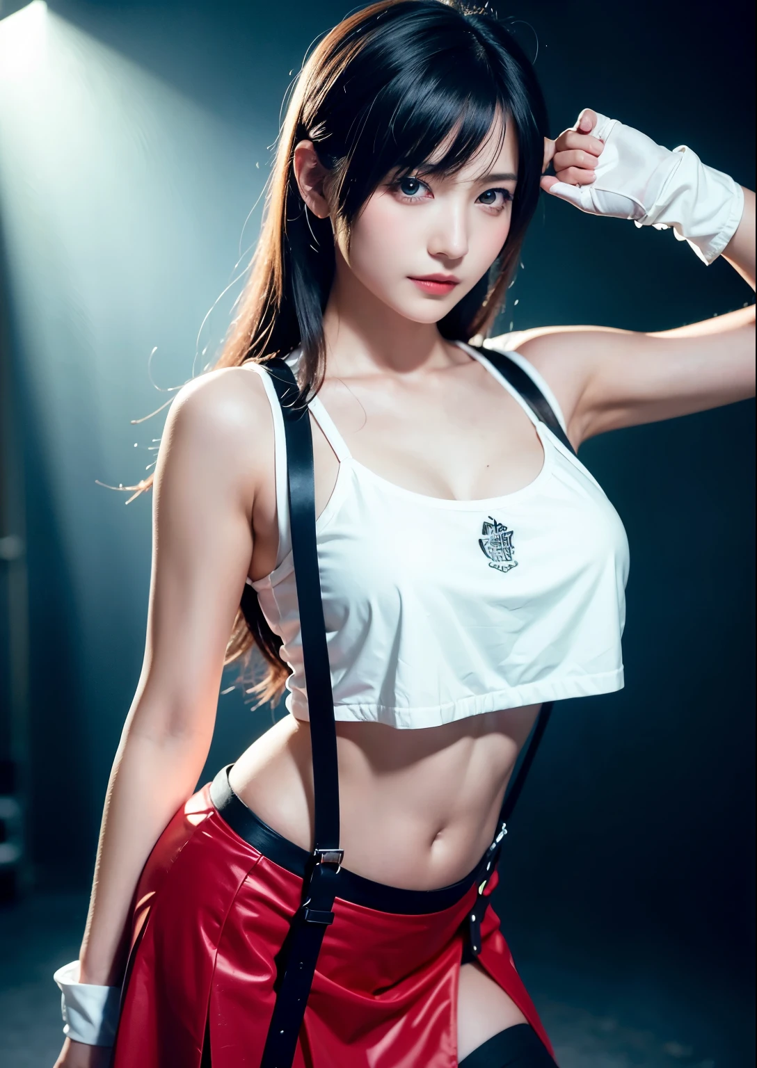 (Photorealistic: 1.4), top quality, very delicate and beautiful, high resolution, 1girl, tifa_lockhart, smile, cowboy shot, suspenders, low rise, mini skirt, tank top, tense shirt, black hair, long hair, elbow gloves, beautiful detailed red eyes, face light, movie lighting, navel, high exposure, abdomen exposure, ribs, abs, ( gigantic breasts: 1.2), dynamic poses, dynamic angles,