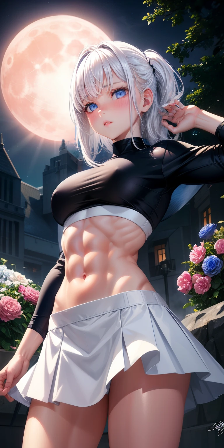 actual, 1 girl, white hair, blue eyes, glowing eyes, crop top, skirt, open lips, blush, Gym, flowers, night, moonlight, abdominal muscles, muscle , biceps
