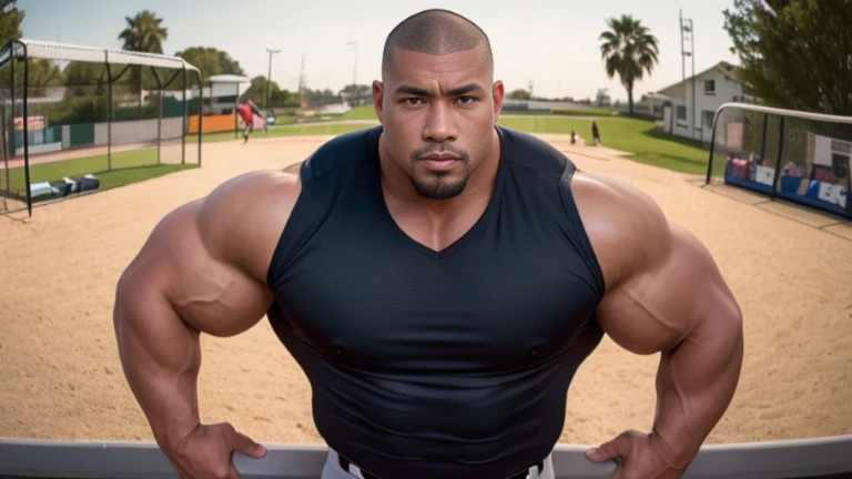 (Highly detailed 8K wallpaper), asian man, muscle worship, fold your arms, On the playground, baseball uniform, high detail, very short hair, skin head, Circular cut, very large and strong body, bulging muscles, muscular, very large pectoral muscles. Very sexy abs, legs are muscular, Toned figure, brightens oily skin, muscular, Tank top, T-shirt, long shot, wide shot