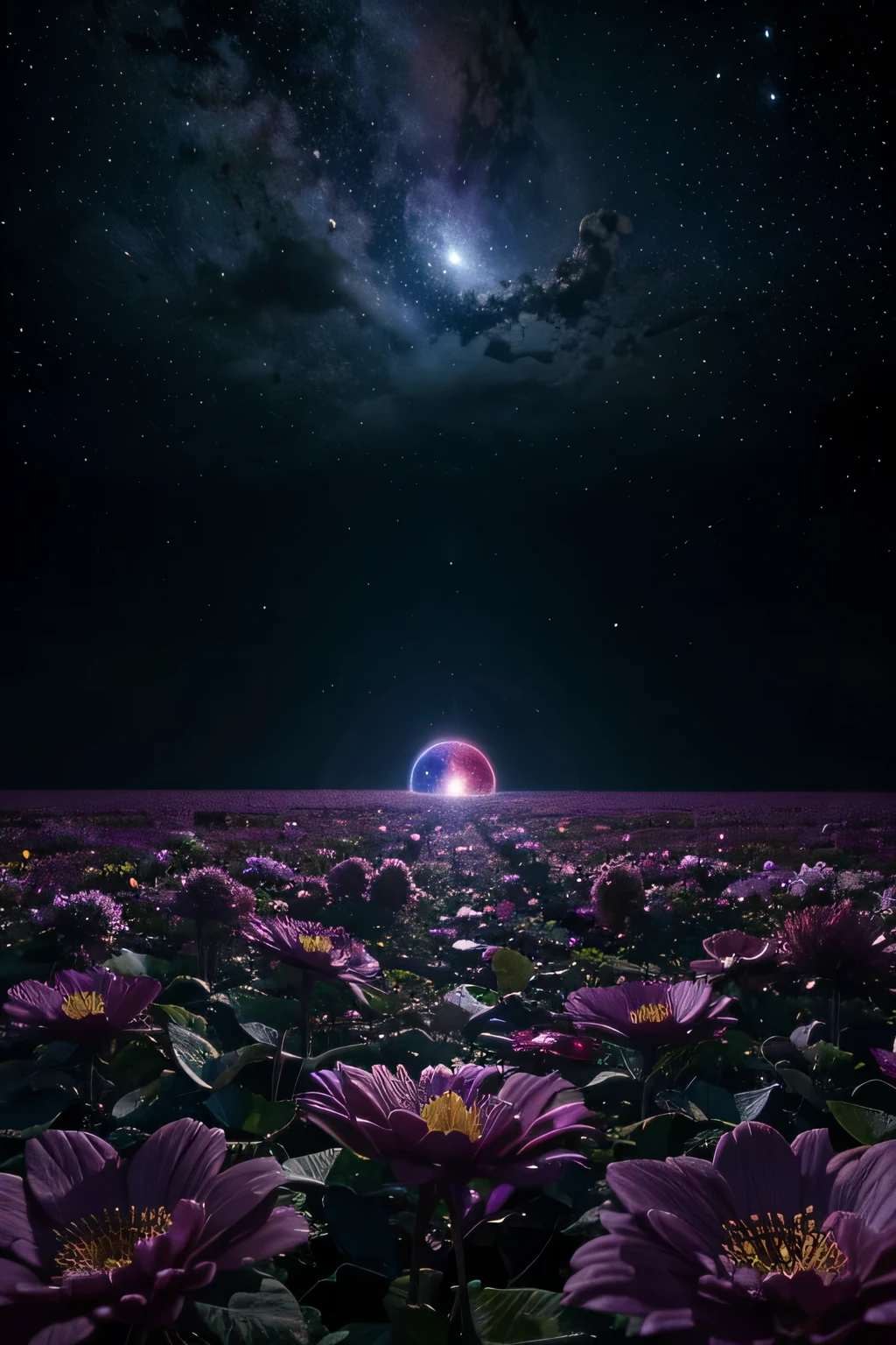 Imagine the dark void as a garden, with cosmic flowers, planets, and stars blooming in a surreal and fantastical display of color and light.