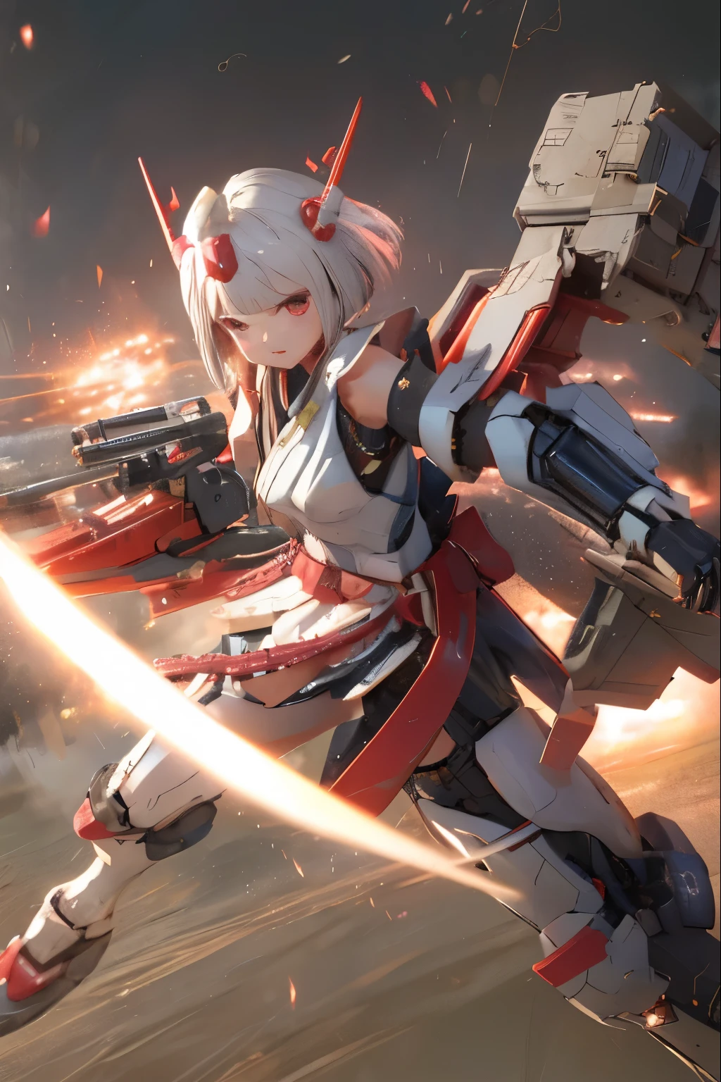 (highest quality)), ((masterpiece)), (very detailed: 1.3), 3D, {(japanese young girl)}, white theme, japanese girl wear shrine maiden anime costume, wears a futuristic Gundam mecha,(Gundam), with headgear, with v-fin , armored shoulders,armored under arms, armored under legs, (ware a scarlet hakama:1.2), multilayer textureperfect proportions, octane rendering, duotone lighting, Low ISO, wide aperture, White balance, Rule of thirds, ultra HD16k, HDR (High Dynamic Range), Ray Tracing, NVIDIA RTX, Super Resolution, Subsurface Scattering, PBR Texturing, Post Processing, Anisotropic Filtering, Depth of Field, Maximum Clarity and Clarity, High efficiency subpixel, subpixel convolution, particles of light, light scattered, Tyndall effect, full body:1.5, battle pose, cute, (cute:1.2), (bob cut:1.3),三つ編み, 黒髪, 太い眉毛, 薄い色の虹彩, 大きくて輝いている黒い瞳, 長いまつげ, 小さく薄い色の自然な唇, (Average face of Japanese idols), (日本人特有の童顔:1.3), (baby face), 広いおでこ:1.2, ふっくらした頬, 小さな顎, visible side boob, (holding a shining Japanese sword:1.5), broken streets, Broken City, looking at viewer,Focus on the eyes