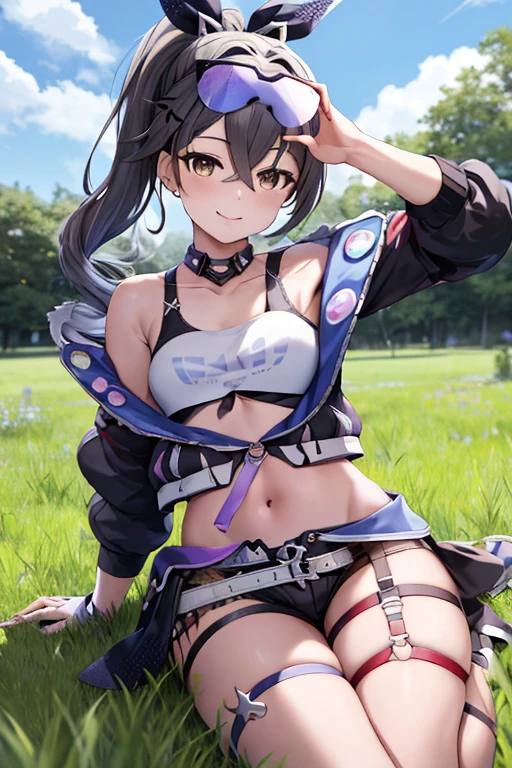 masterpiece, best quality, highres, hs1, red eyes, yellow eyes, side ponytail, x hair ornament, thigh strap, blue shorts, front-tie top, hair ribbon, midriff, short shorts, panty straps, white shirt, black choker, open jacket, cowboy shot, wariza, field, smile, grass, white footwear,