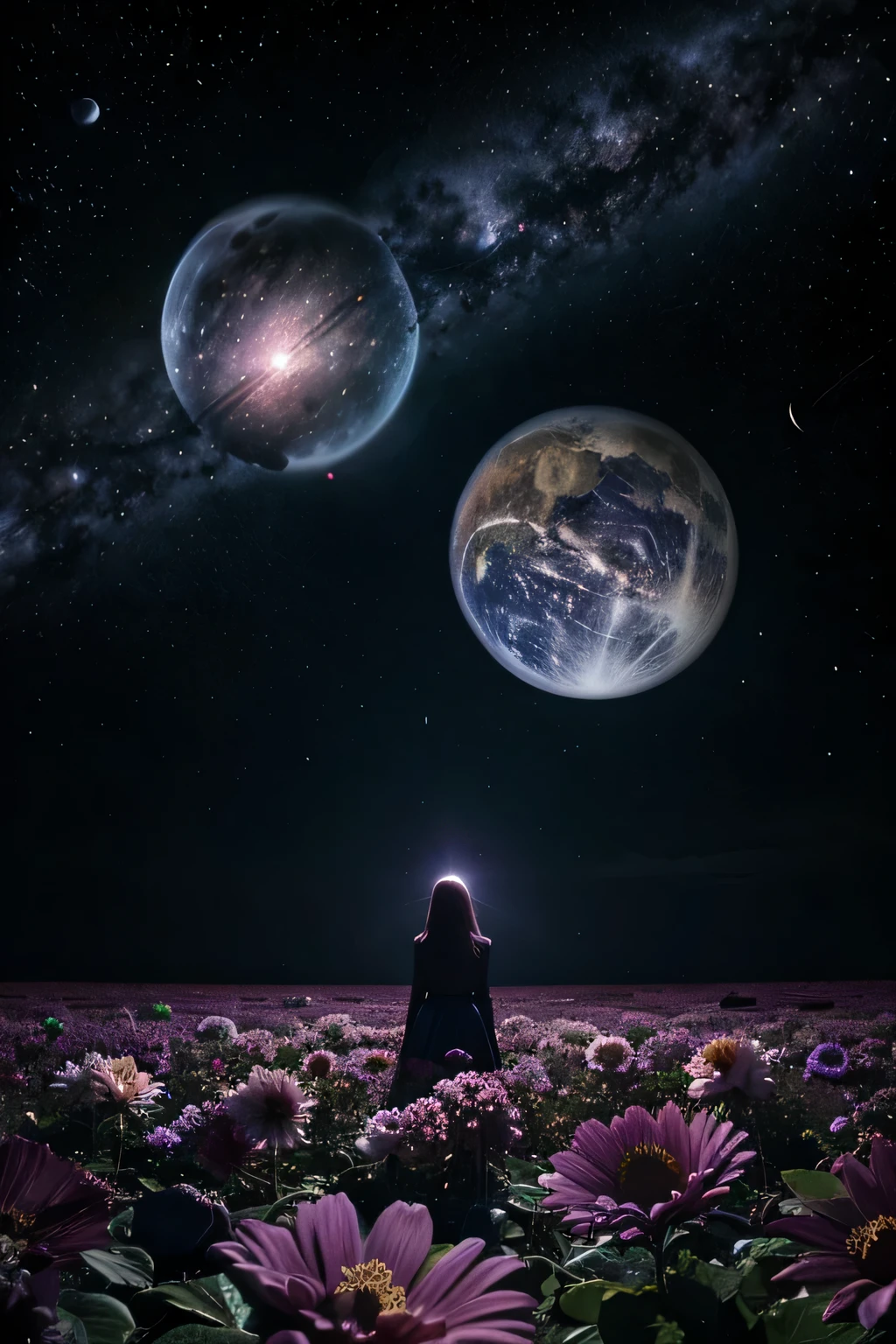Imagine the dark void as a garden, with cosmic flowers, planets, and stars blooming in a surreal and fantastical display of color and light.