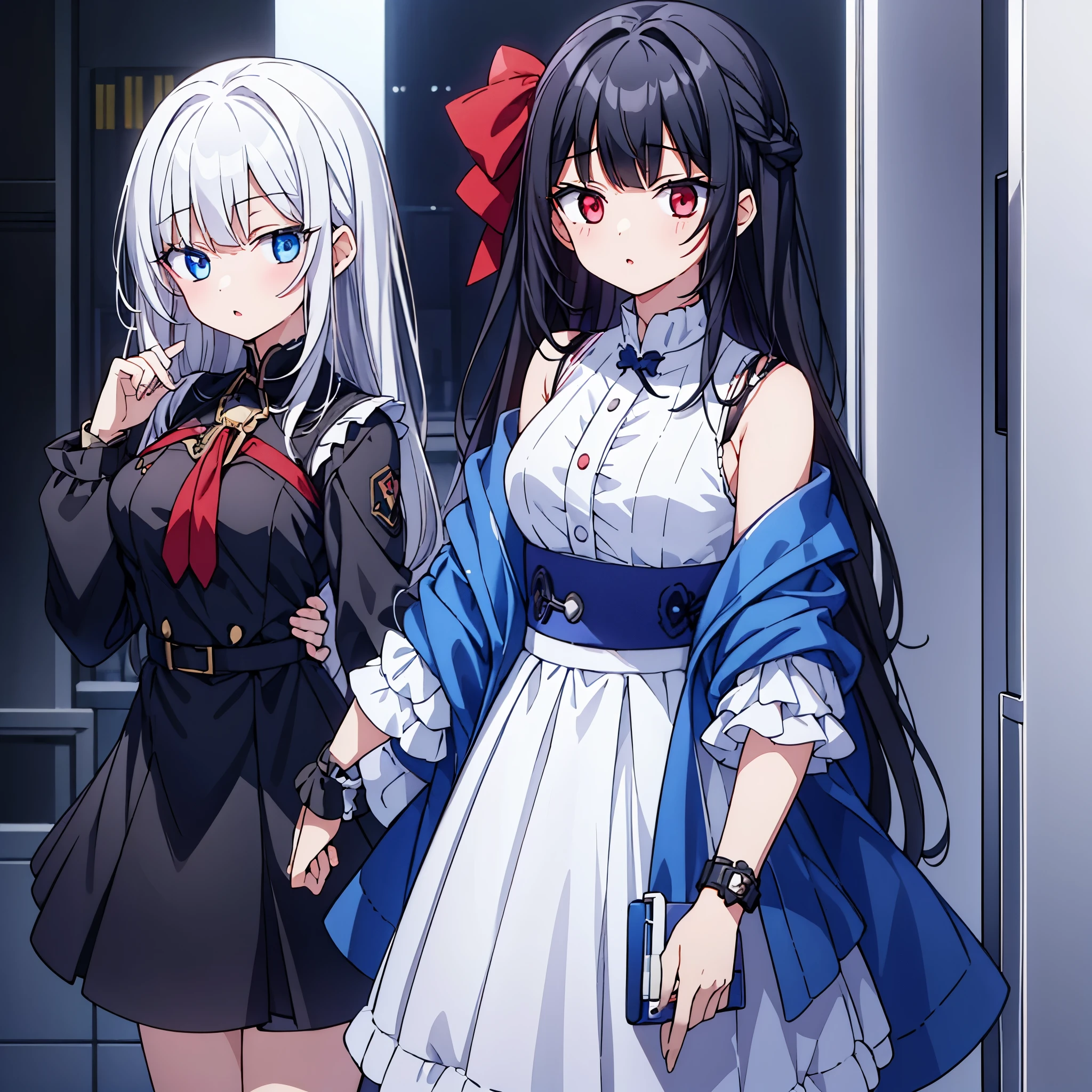 Two girls. a black hair,red eye girl, a white hair,blue eye girl, opposite