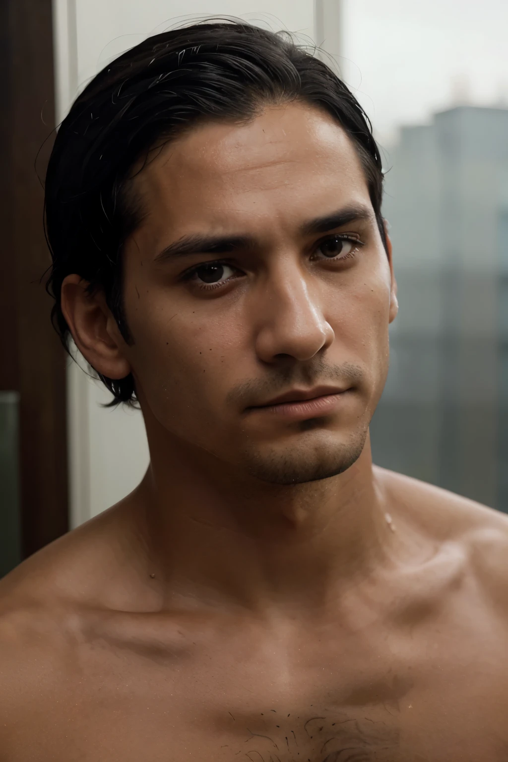 Color image, centered and uncropped, of a man with fair skin, wearing a somber expression. His name is Leonel, with very short straight black hair, no beard, dark eyes, fair skin, hooked nose, 35 years old, slim, 1930s style, without a smile, disturbed personality, lacking physical attractiveness.