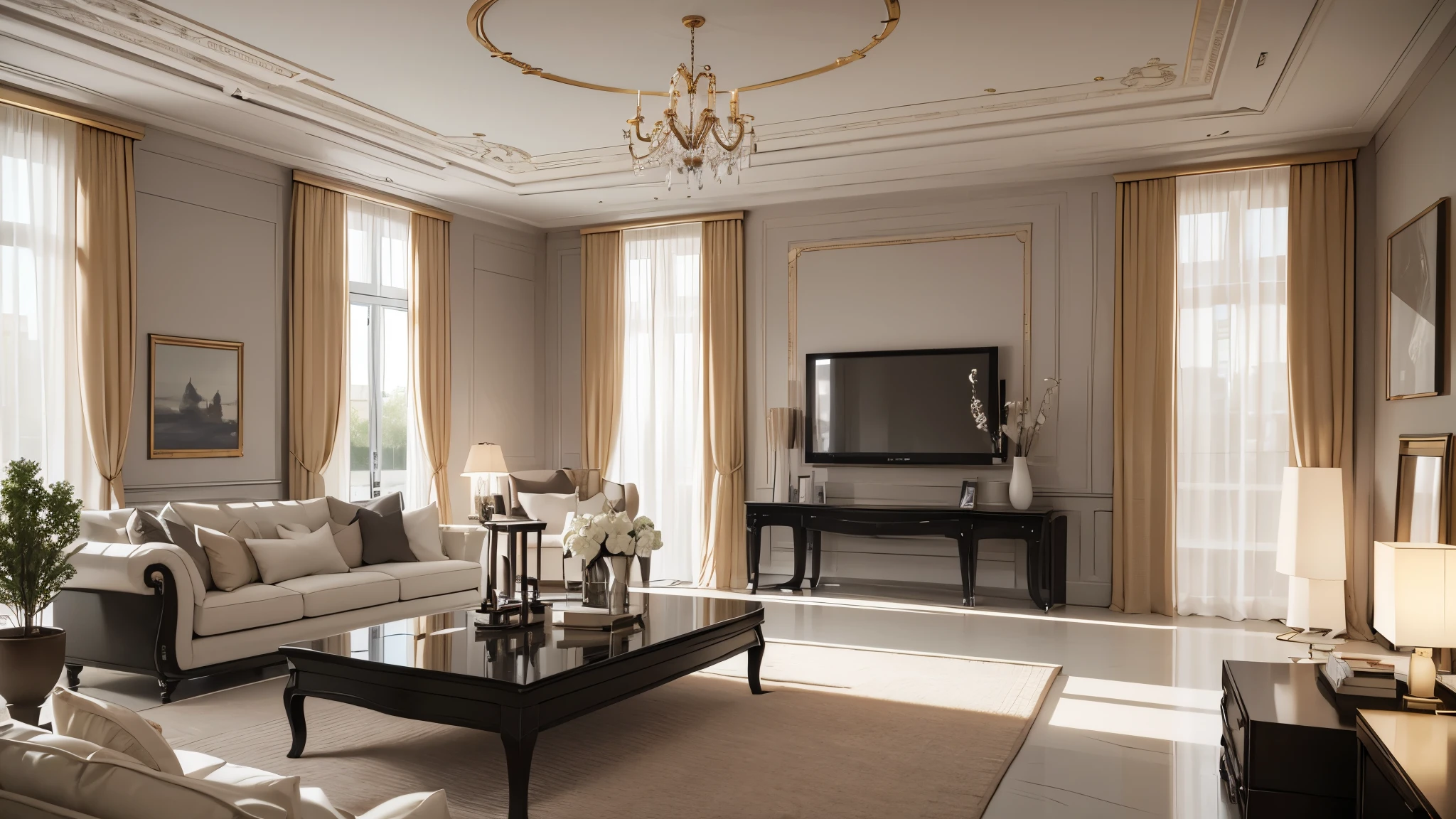 You are a famous interior designer、You have been asked to create a 3D image of a modern large room. Create a harmonious environment with modern and minimalist furniture. Including garden interior.
