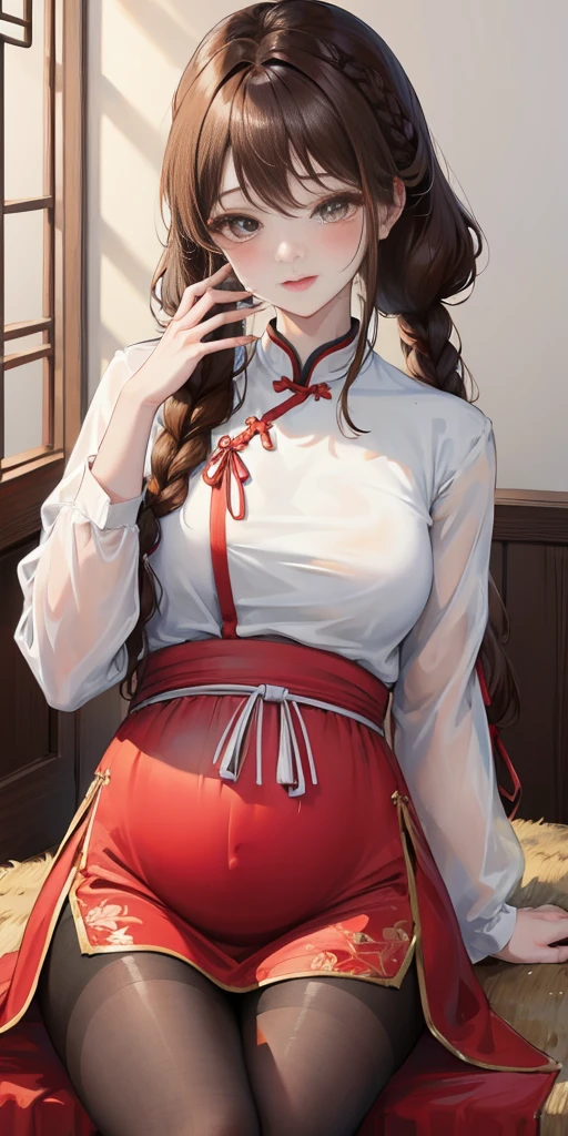 masterpiece, best quality, Married woman，pregnancy， aldult, Chinese style, China, elder sister,  Smile, brown hair, princess cut, Single fried dough stick braid，Flesh-colored tights，Full of motherhood，Chinese style婚礼服，Pure desire，blushing，dignified yet lively，Mother，The hand caressed the belly，Full of motherhood，sexy，charming，A thousand flavors