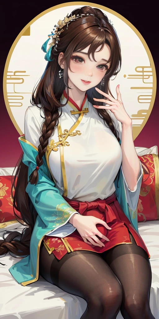 masterpiece, best quality, Married woman,pregnancy, aldult, Chinese style, China, elder sister, Smile, brown hair, princess cut, Single fried dough stick braid,Flesh-colored tights,Full of motherhood,Chinese style婚礼服,Pure desire,blushing,dignified yet lively,Mother,The hand caressed the belly,Full of motherhood,sexy,charming,A thousand flavors