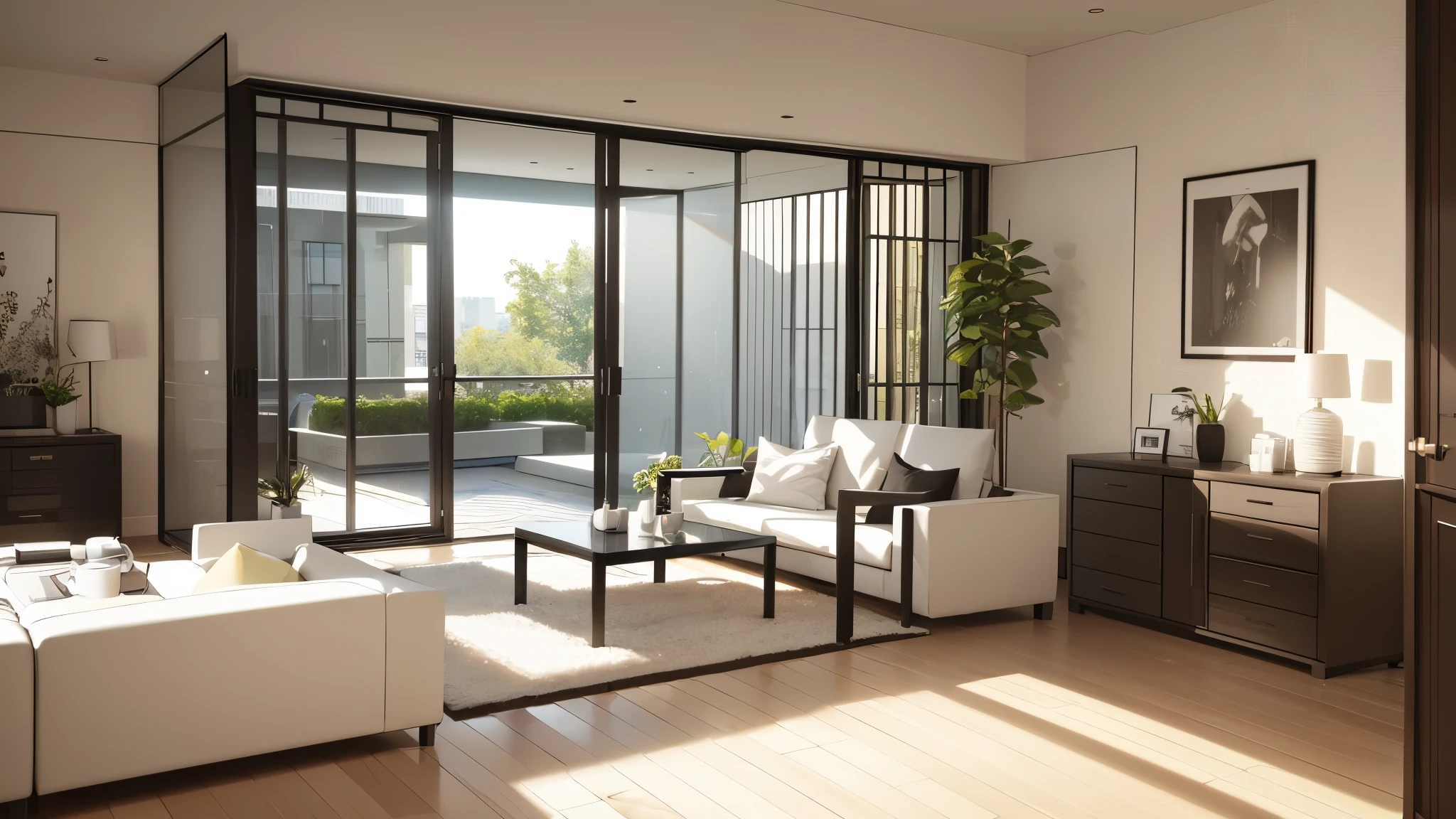 You are a famous interior designer、You have been asked to create a 3D image of a modern large room. Create a harmonious environment with modern and minimalist furniture. Including garden interior.