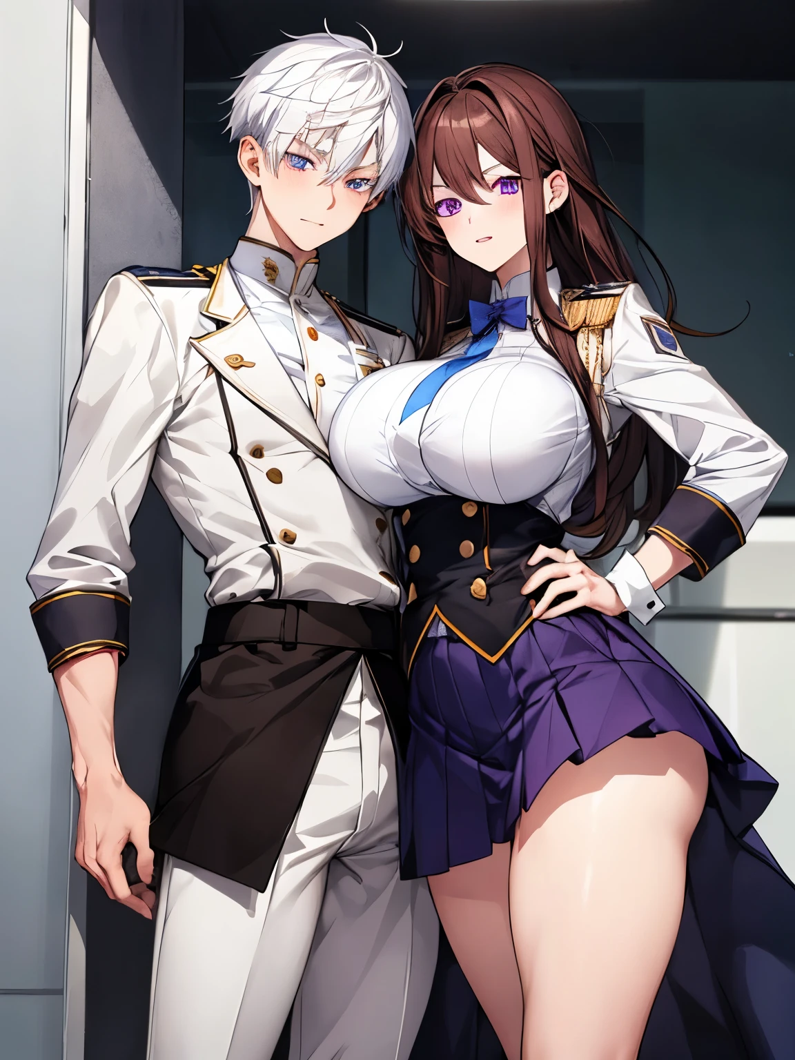 A boy with white hair and blue eyes and a girl with big breasts and thighs and long dark brown hair purple eyes wearing uniform in a modern school, a couple, skirt