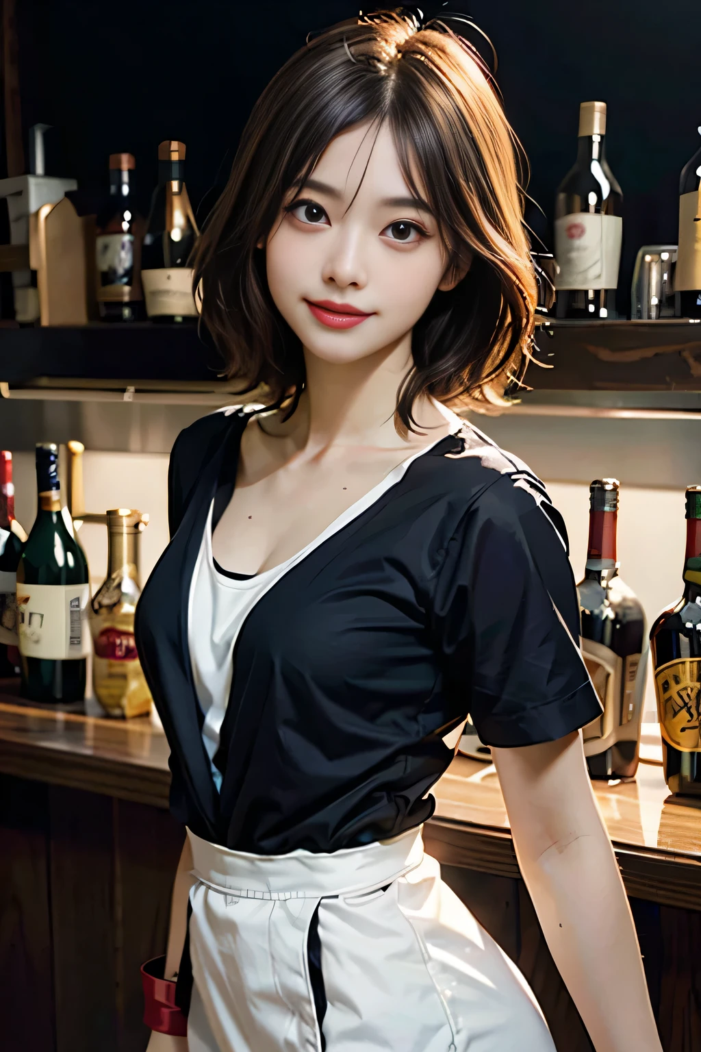 1 waitress、A smile、Food served in the restaurant、barechested、Wear only a silk apron、morningglow，canon 6d，real photograph（（cleavage））、Short curly hair