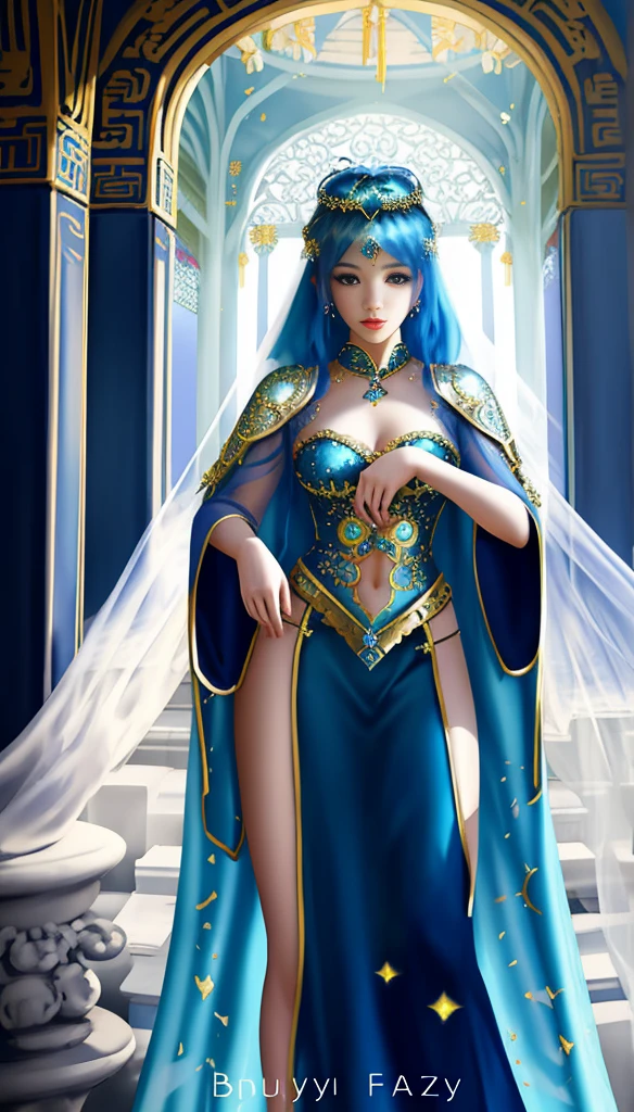 Close up of woman with blue hair and veil, heavenly beauty, ((beautiful fantasy empress)), beautiful fantasy empress, Beautiful character drawings, Palace , girl wearing hanfu, heavenly fantasy, beautiful fantasy girl, very beautiful and subtle, white hanfu, fantasy beautiful, Beautiful fantasy art, Beautiful female princess, beautiful maiden, Chinese princess
