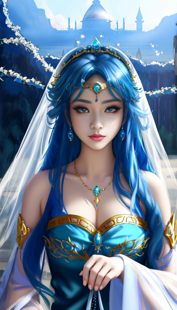 (8k 16k, RAW photo, best quality, masterpiece:1.1), (realistic, photo-realistic:1.37), ultra-detailed, 1girl, solo, upper body, blue hair, big ice blue eyes, realistically rendered, gazing at viewer, radiantly happy, beaming smile, masterpiece of visual art, created by Alphonse Mucha, digitally painted by Wlop,

(Dramatic Perspectives), f/ 1.8, (Expressionist Style), Emotive Art, (Popular on Behance) intricately designed outfit, sparkling jewels, grand necklace, oversized