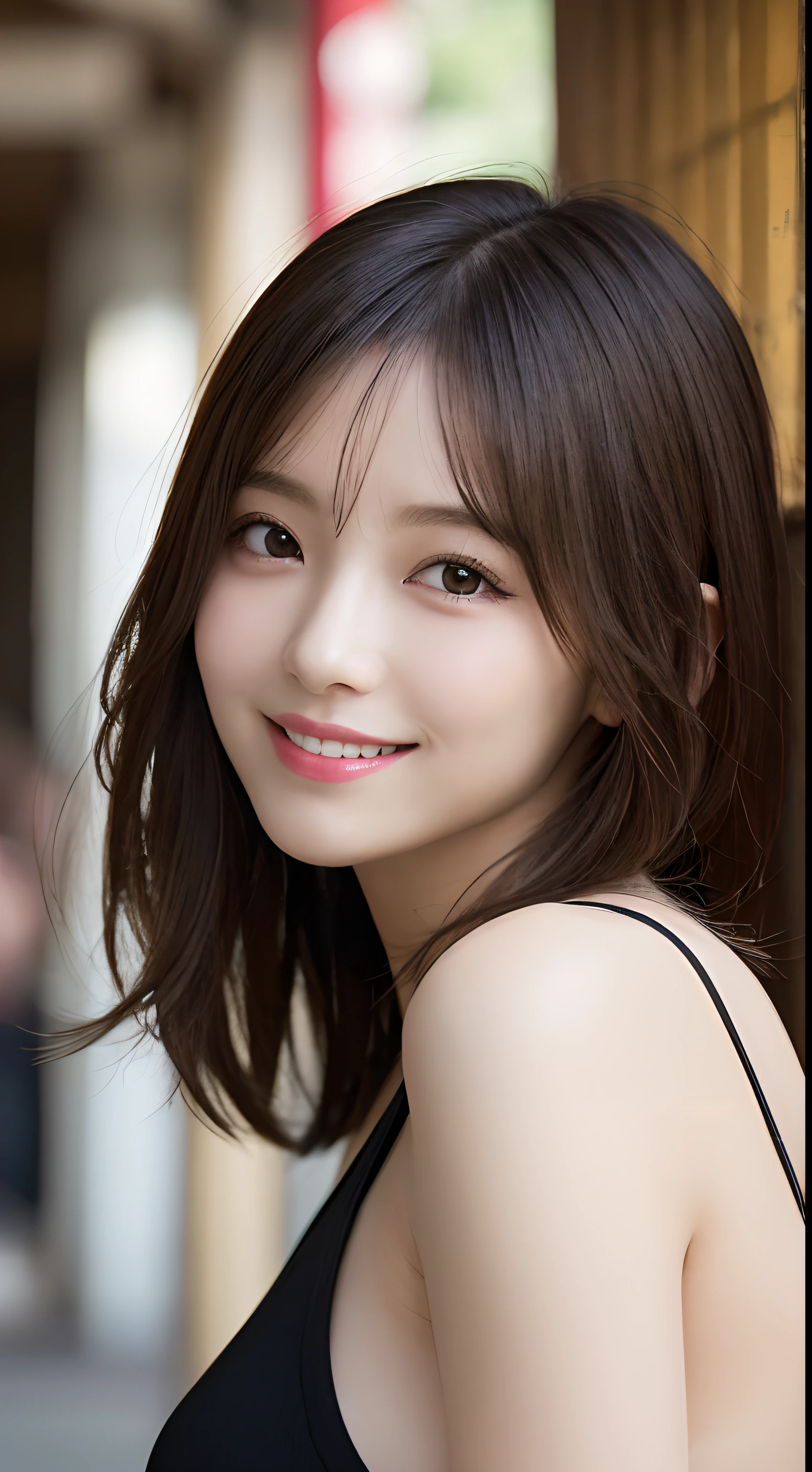 masutepiece, Best Quality, Illustration, Ultra-detailed, finely detail, hight resolution, 8K Wallpaper, Perfect dynamic composition, Beautiful detailed eyes, Women's Fashion Summer,Medium Hair,small tits,Natural Color Lip, Bold sexy poses,Smile,Enoshima、20 years girl、Cute、Sexy shot looking at camera