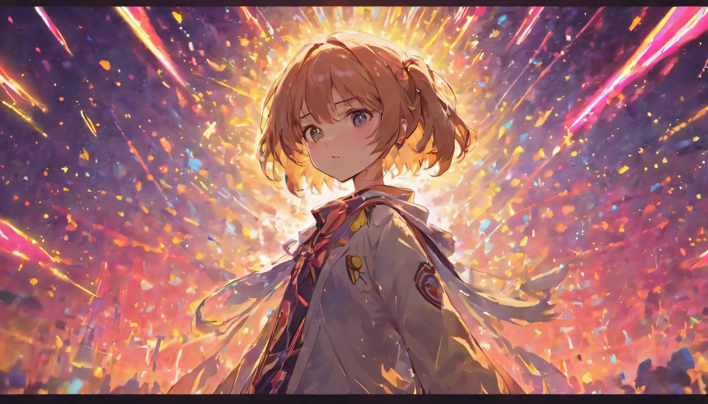 (((dramatic)))、(((strong impression)))A poster featuring a young woman as the main character。She stands with her back to the center of the poster.。In uniform、neon background、give a sense of crisis and strength。