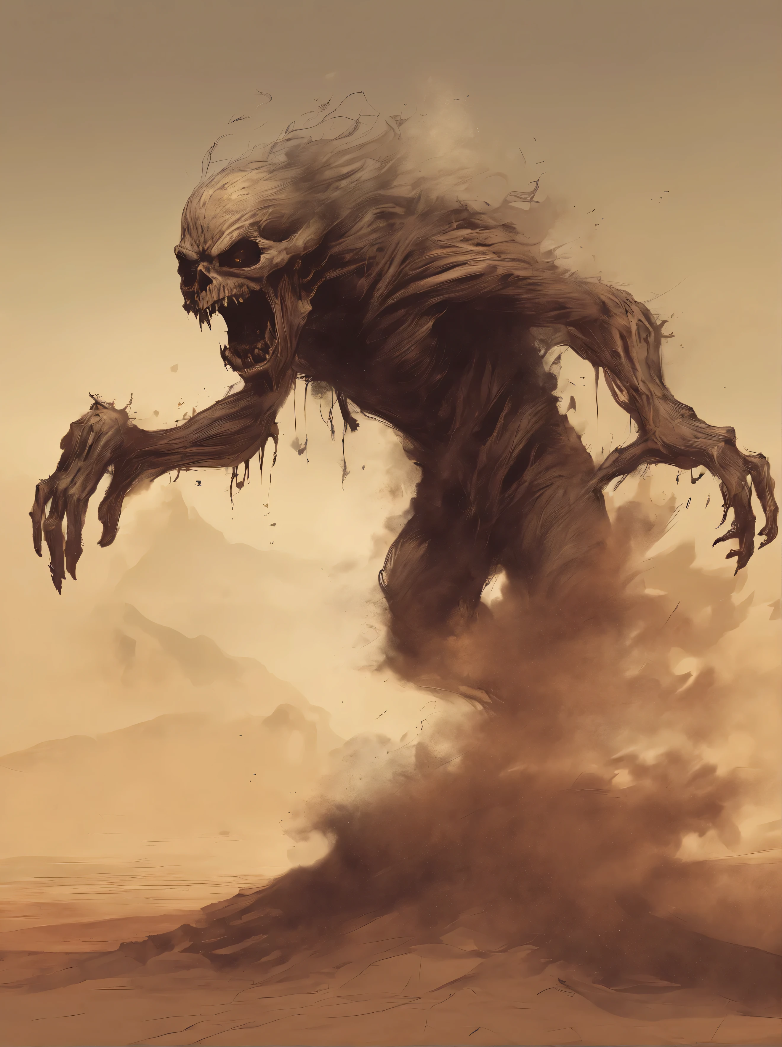 sand monster, dessert monster, small monster, flying skull, wind and tornado, djinn, wind monster, sandstorm, flying, game enemy, levitating, height=150 cm ,mob, scarry creature, 4k, detailed painting, easy enemy, painting style, ugly monster, awful, horror monster, paint artifacts, sepia, screaming, evil face, no landscape, night, horror mob, terrify art, digital art style,