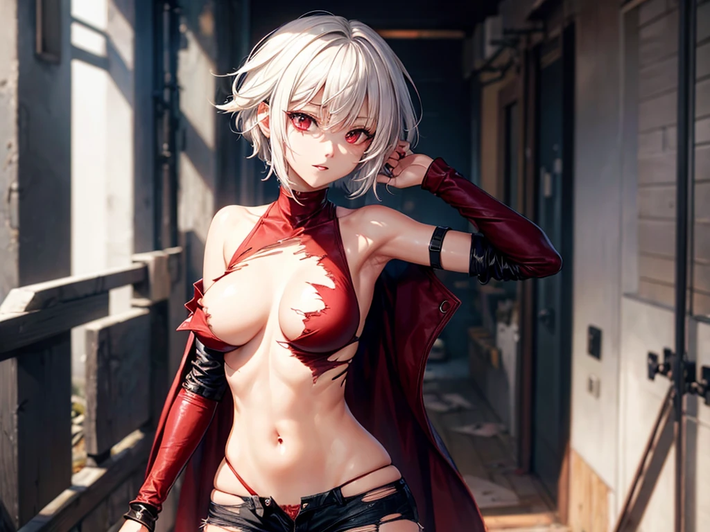 sexy skinny girl, torn clothes, short white hair, red eyes, showing her pussy and breasts