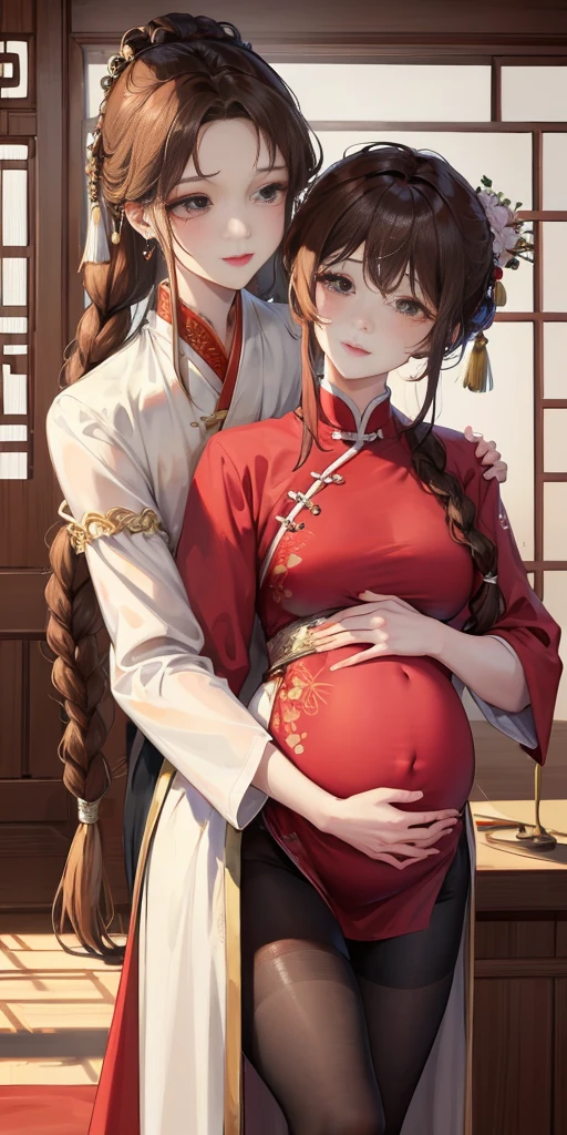 Masterpiece, Best quality, 1 The male protagonist lies on the pregnant belly of his wife Mature woman, Chinese style, Ancient China, Smile, Brown hair, Princess cut,