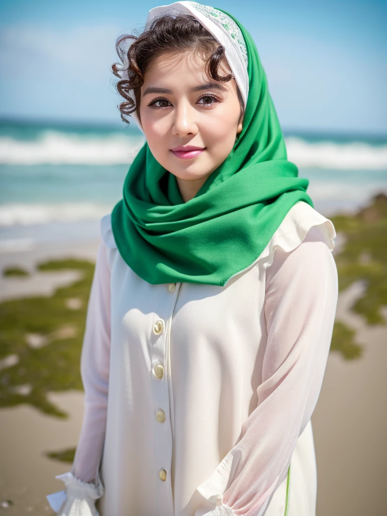 A sweet real face malay lady, wear (green) hijab, (white) clothes, (black) boots, (hazel brown) eyes, (pointed and small) nose, (perfect) lip, (curly ) eyelashes, (blush pinkish) cheek, (walking ) at beach, hyperreal photo, realistic photo, 8K , HDR , daylight, ultra detailed, surreal.