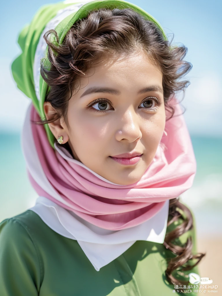 A sweet real face malay lady, wear (green) hijab, (white) clothes, (black) boots, (hazel brown) eyes, (pointed and small) nose, (perfect) lip, (curly ) eyelashes, (blush pinkish) cheek, (walking ) at beach, hyperreal photo, realistic photo, 8K , HDR , daylight, ultra detailed, surreal.