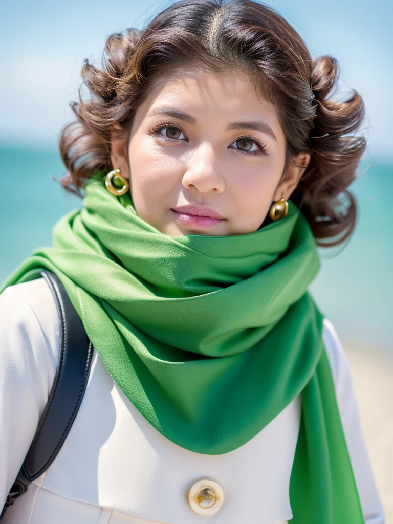 A sweet real face malay lady, wear (green) hijab, (white) clothes, (black) boots, (hazel brown) eyes, (pointed and small) nose, (perfect) lip, (curly ) eyelashes, (blush pinkish) cheek, (walking ) at beach, hyperreal photo, realistic photo, 8K , HDR , daylight, ultra detailed, surreal.