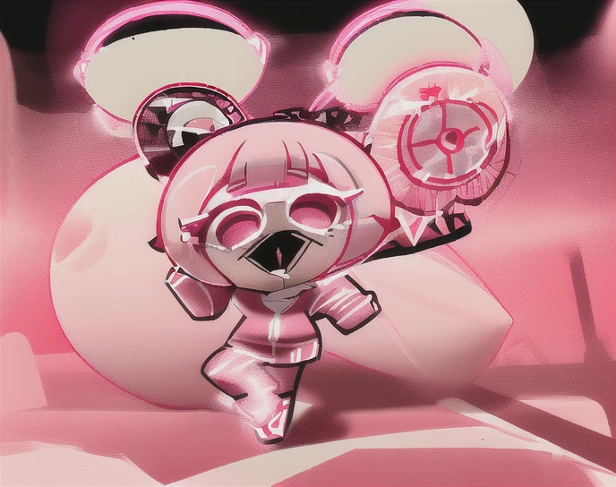 Vanilla Cherry Coke Cookie in New York, Dark silver pink hair, short hair, curly hair, side swept bangs, gas mask, red eyes, Red Tracksuit, Surrealism, 8k, super detail, 1080P