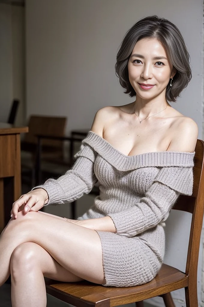 japanese mature, (alone), 60 years old, (wrinkles around the eyes:1.45), big breasts, mature woman, Glamour, Sexy, pure white skin, looking at the viewer、super big breasts、(((Gray hair)))、short hair、small diamond necklace、earrings、(((Knitted white off-shoulder dress)))、high heels、smile、Public place、cross your legs、sit on a chair、full body photo、