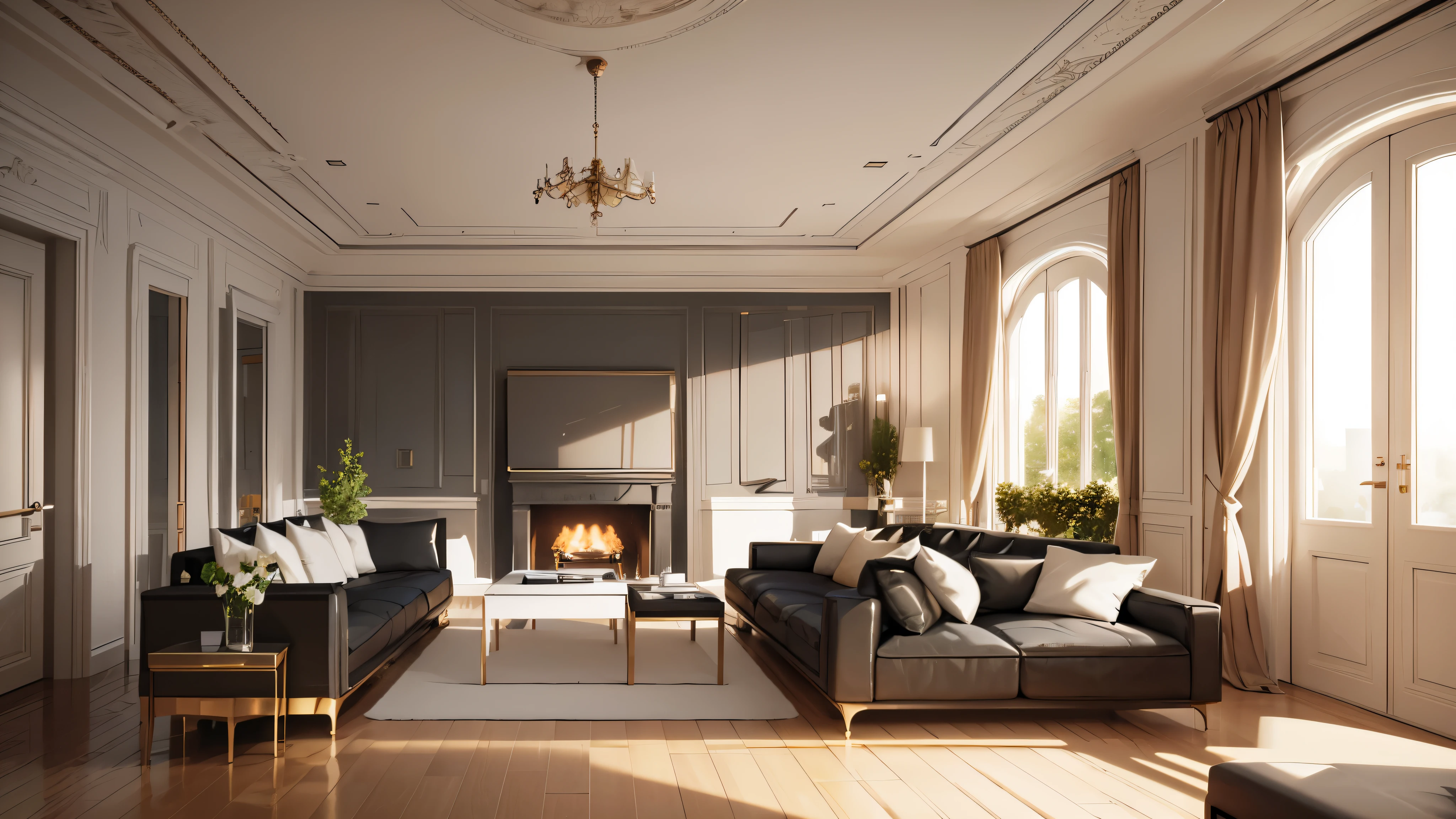 You are a famous interior designer、You have been asked to create a 3D image of a modern large room. Create a harmonious environment with modern and minimalist furniture. Including garden interior.