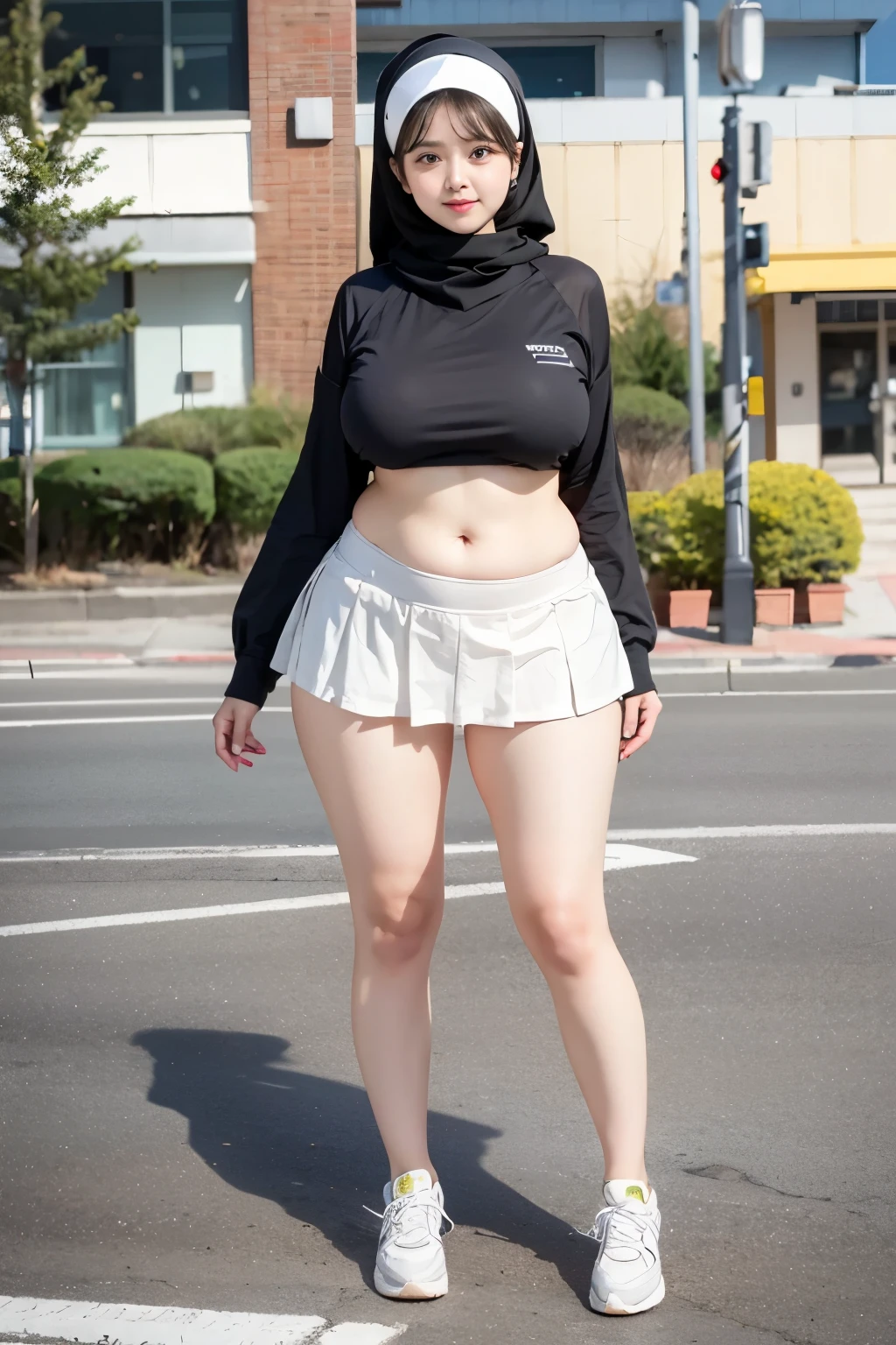 ((best quality)), ((masterpiece)), (detailed), perfect face, wanita dewasa, memakai sebuah hijab dan green sneakers, chubby, full body shoot, huge breasts, large breast , wearing mini skirt, big thighs, milky white skin, asian girl, thicc, MILF, bbc, perfect belly, cute cheeks, detail body chubby, hijab