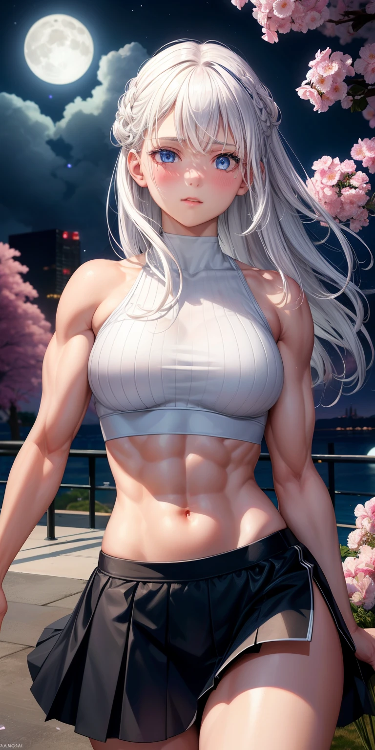 actual, 1 girl, white hair, blue eyes, glowing eyes, crop top, skirt, open lips, blush, Gym, flowers, night, moonlight, abdominal muscles, muscle , biceps