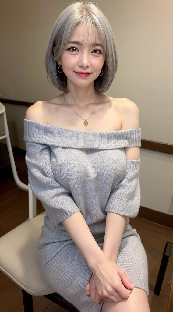 japanese mature, (alone), 60 years old, (wrinkles around the eyes:1.45), big breasts, mature woman, Glamour, Sexy, pure white skin, looking at the viewer、super big breasts、(((Gray hair)))、long hair、small diamond necklace、earrings、(((white knit off shoulder dress)))、high heels、smile、Public place、cross your legs、sit on a chair、full body photo、