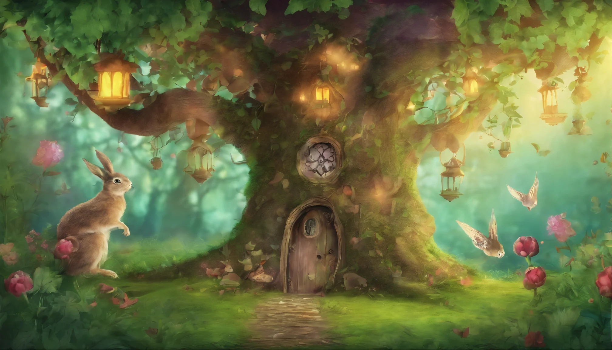 Create an Enchanted Forest with majestic trees, rabbit holding a riddle written on a sheet of paper and a wise owl.