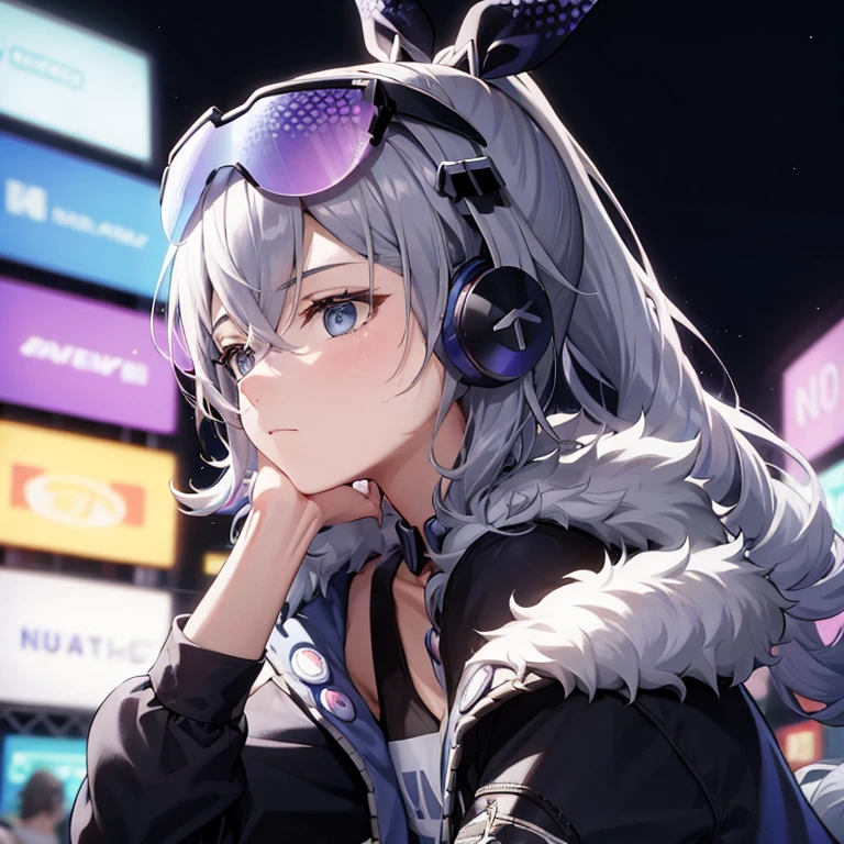 Boy face, casque de musique, hood on the head, triste, cheveux multicolores, ville, nuit, pluie