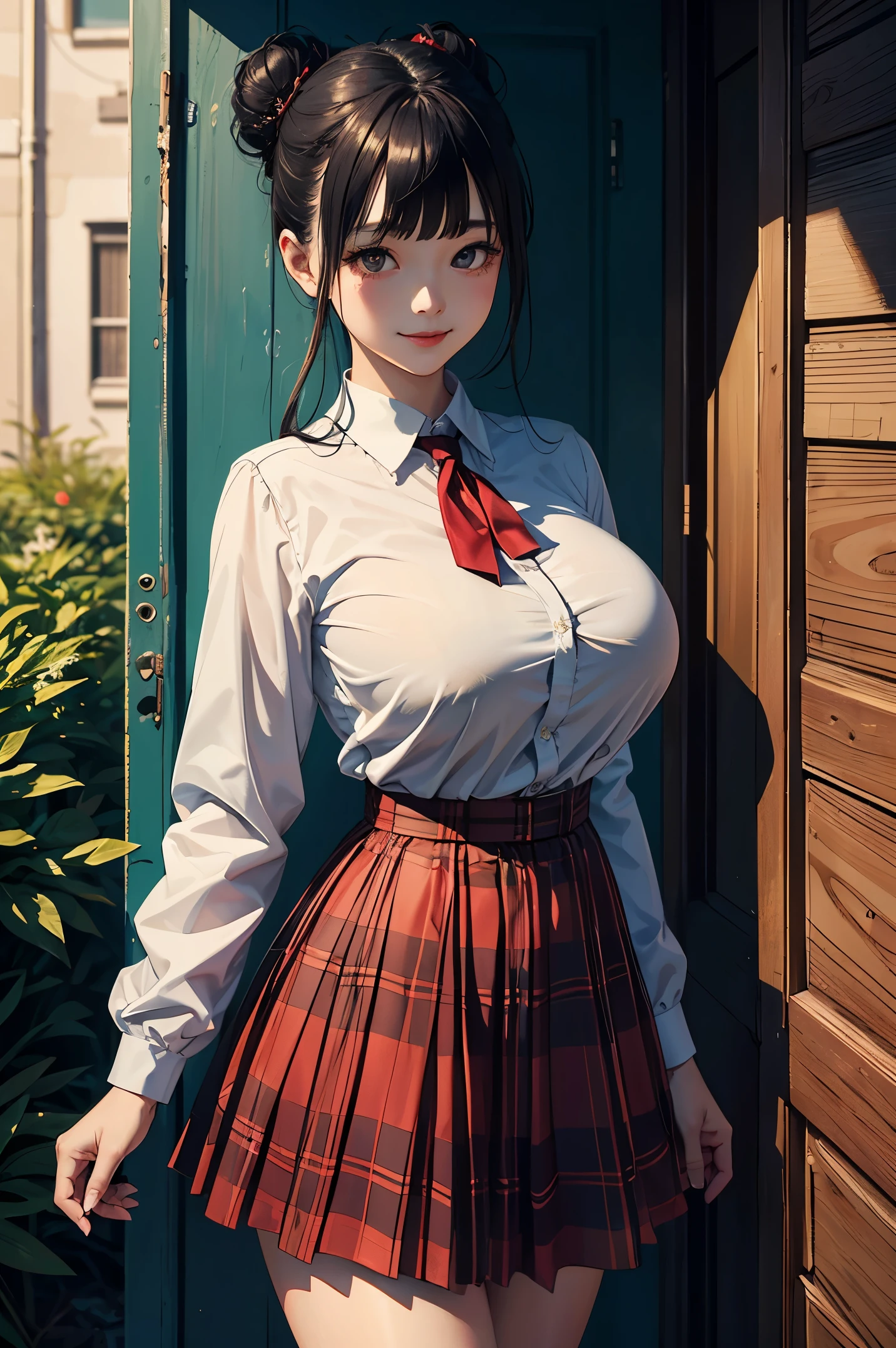 (masterpiece:1.4)、(highest quality:1.4)、ultra high resolution、beautiful features、20 year old woman、Black hair bun hair、blunt bangs、brown eyes、gray long sleeve collared shirt、Plaid skirt、(huge breasts:1.2)、red face、smile、Stand against the wall、bust up shot