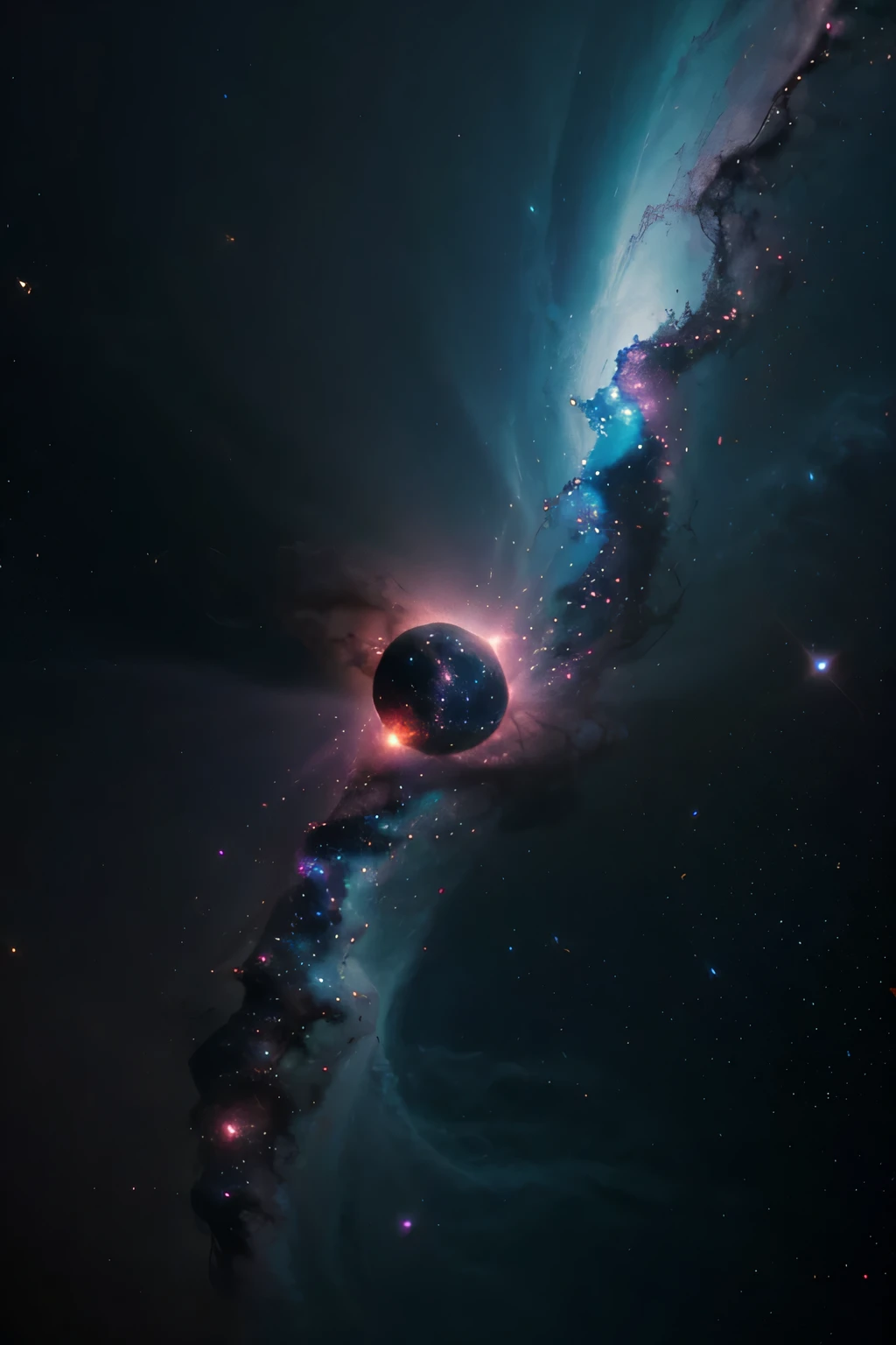 Visualize a dreamscape within a nebula, where swirling colors and cosmic forms create a surreal environment within the vast darkness of space