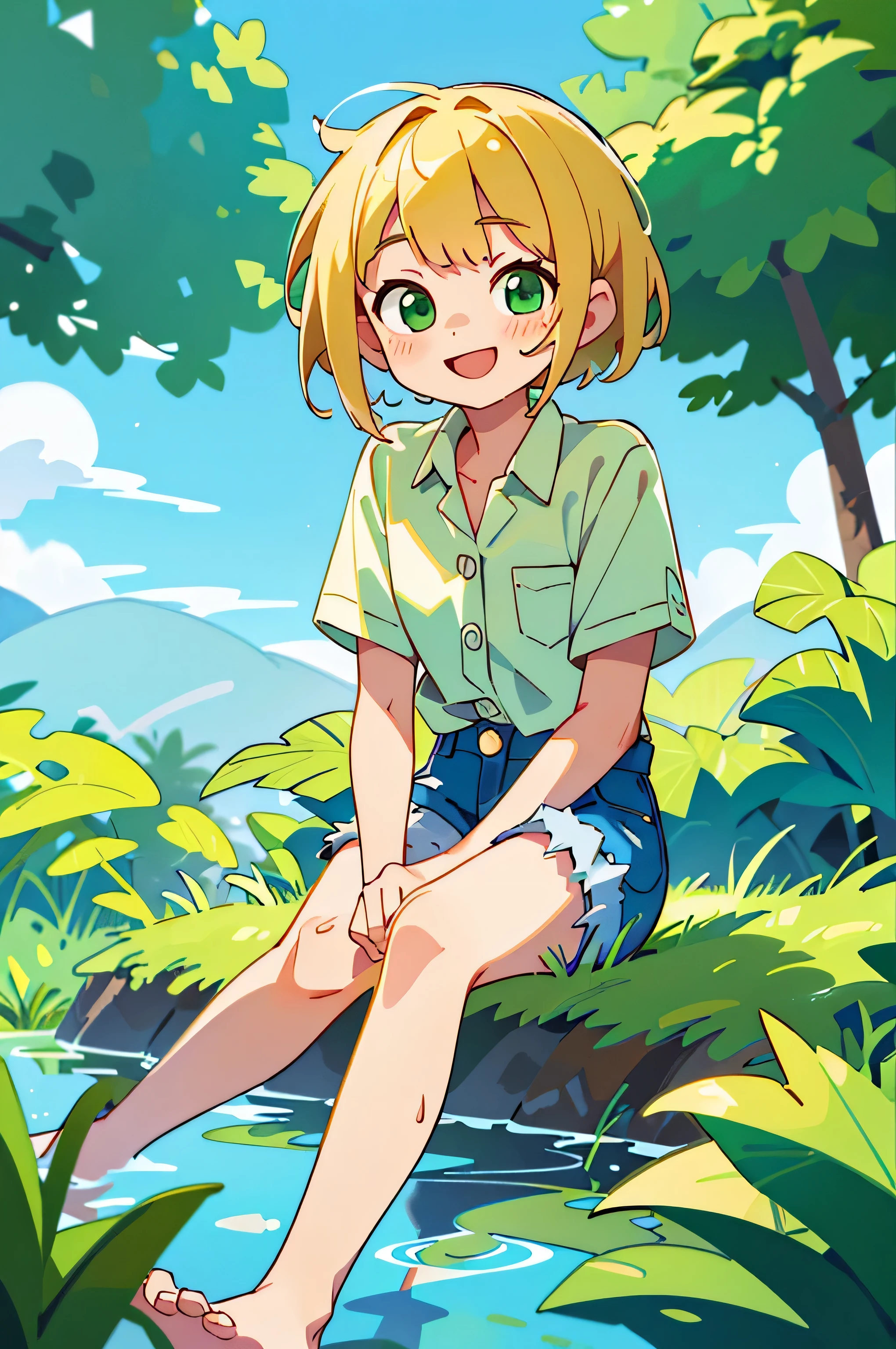 (masterpiece, best quality, ultra-detailed, highres, best illustration, 8k), (close-up portrait) (1 beautiful asian ) (casual scene)) ((happy expression (blushing) )) ((expressive, green eyes)) ((blonde short messy shiny hair)), detailed upper body, (( denim shorts, thigh-highs, white sleeveless shirt) ((petite body type)) ((brown skin)) ,looking at viewer, ( ((2hands)) small, tiny, proportional,) , ((natural pose)) (in the nature)