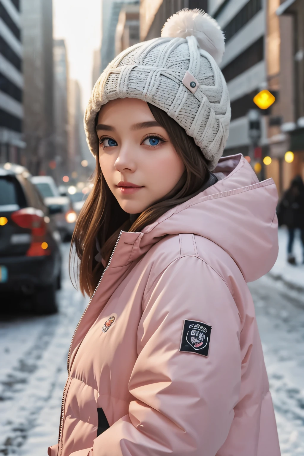 🥶👩🦳🌨️✳️❄️, cute girl, winter jacket, hat, city background, blue eyes, pink lips, portait, detailed face, detailed eyes, detailed hair, 8k photography, chubby girl
