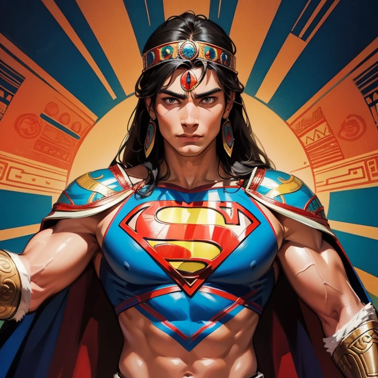 masterpiece, top quality, best quality, official art, beautiful and aesthetic:1.2, Aztec Native Superman, intricately designed, vibrant colors, intricate details representing Aztec culture, superhero pose, superman logo on chest, feather headdress, stern face, strong muscular body, Aztec motifs and patterns adorning his suit, powerful aura, elaborate decorative elements, mesmerizing, truly a fusion of ancient and modern, elaborate, ultra detailed, highly detailed, exquisite craftsmanship, official art, Aztec art style combined with superhero elements, exceptional, meticulously created.