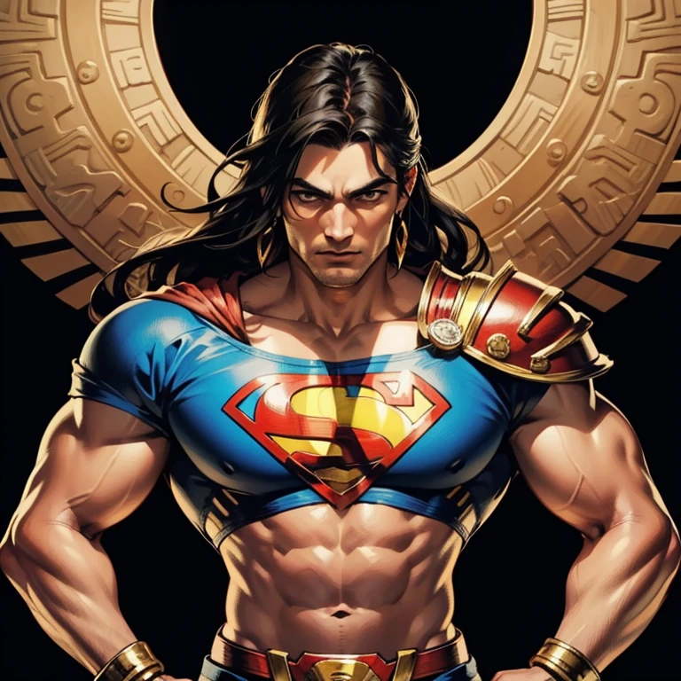 masterpiece, top quality, best quality, official art, beautiful and aesthetic:1.2, Aztec Native Superman, intricately designed, vibrant colors, intricate details representing Aztec culture, superhero pose, superman logo on chest, feather headdress, stern face, strong muscular body, Aztec motifs and patterns adorning his suit, powerful aura, elaborate decorative elements, mesmerizing, truly a fusion of ancient and modern, elaborate, ultra detailed, highly detailed, exquisite craftsmanship, official art, Aztec art style combined with superhero elements, exceptional, meticulously created.